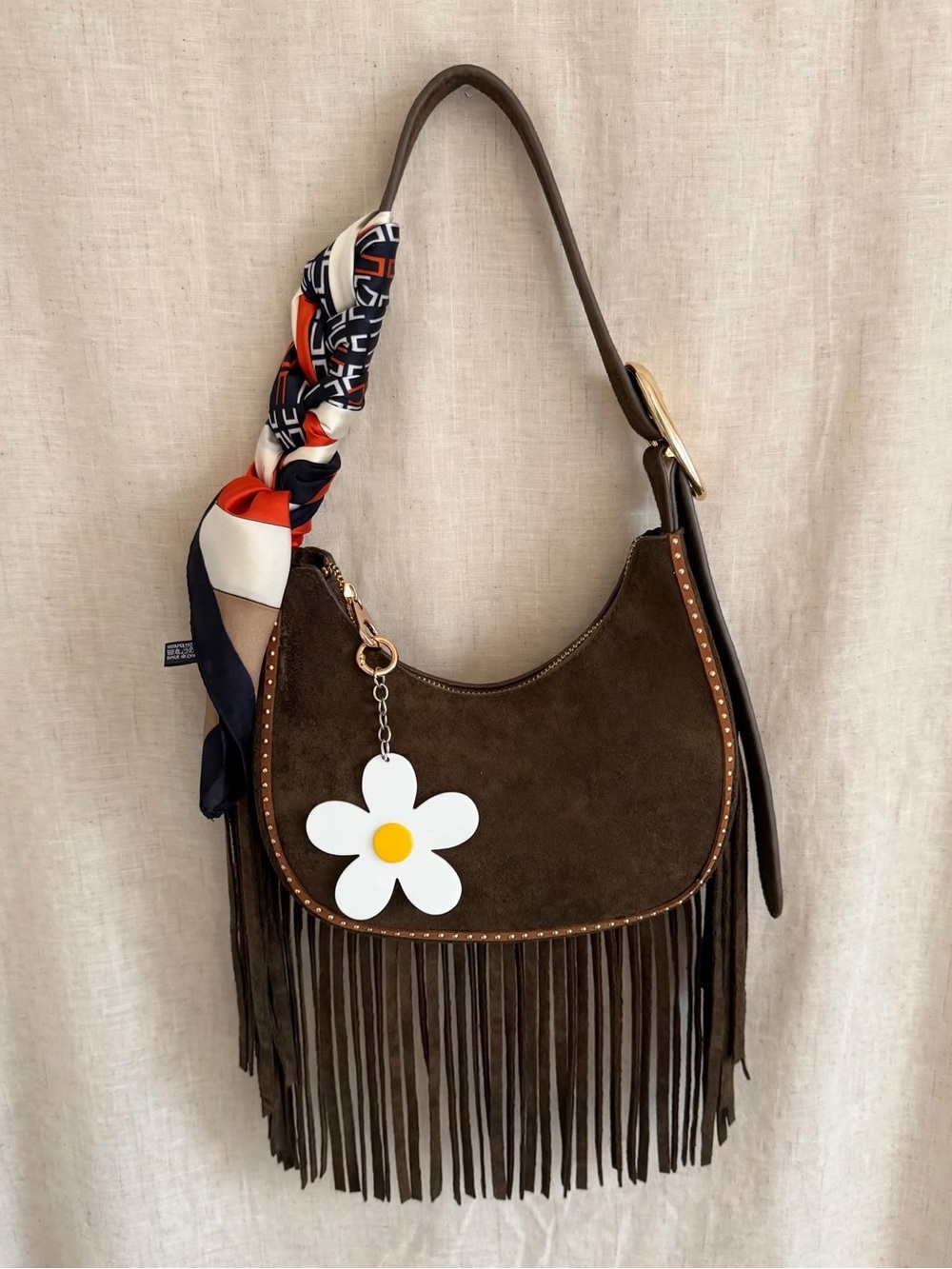 Universal Thread Brown Suede Fringe Shoulder Bag with Daisy Charm